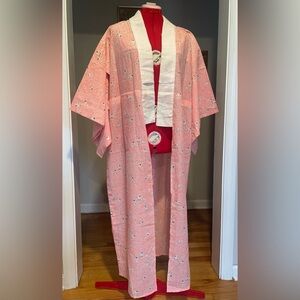 Vintage Japanese Kimono Robe In Vibrant Coral Novelty Baby Print
